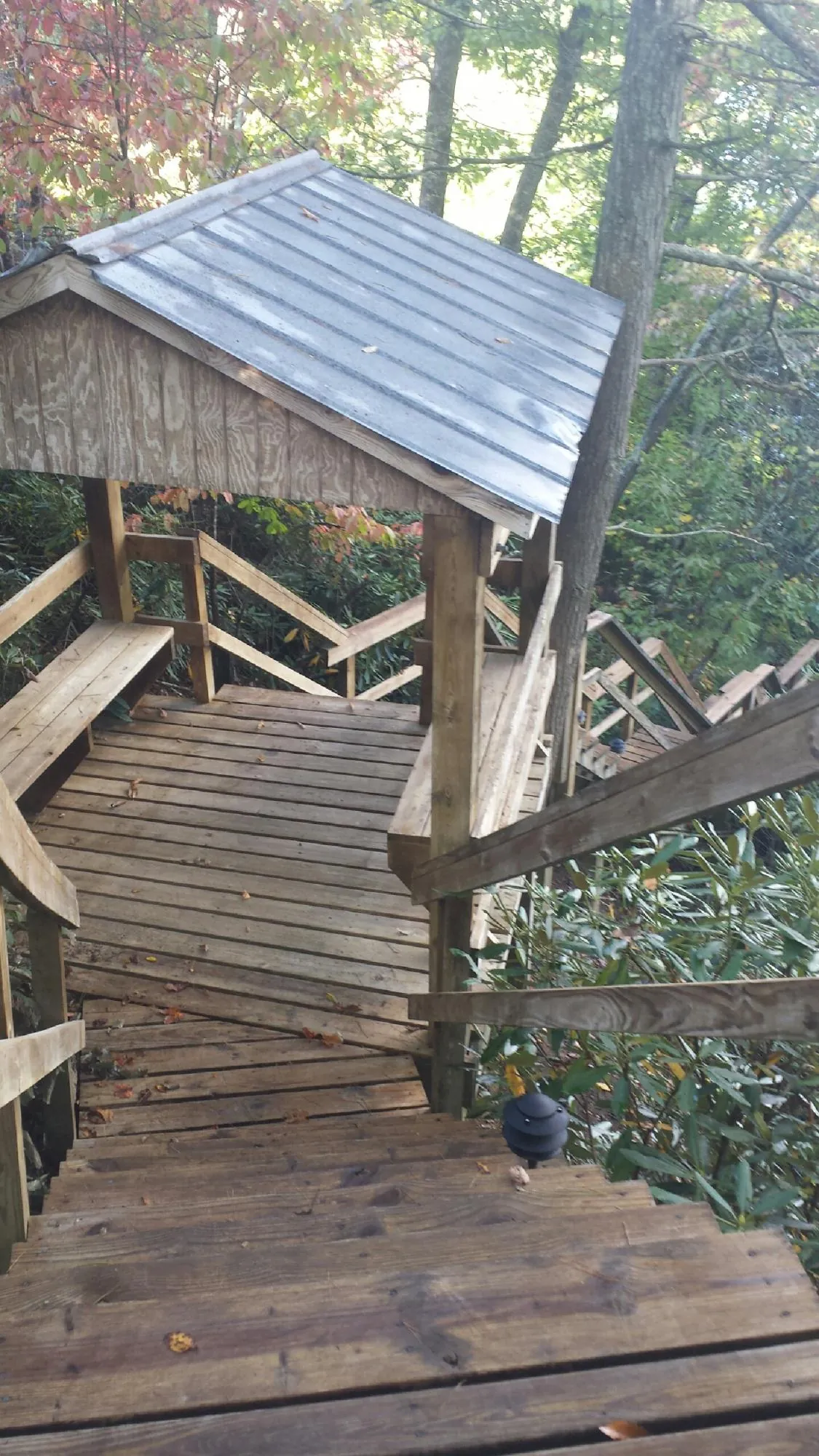 Metal roofed shelter over wooden steps on a wooded walkway — Skylight Repair & Installation work by our crew in Bayview